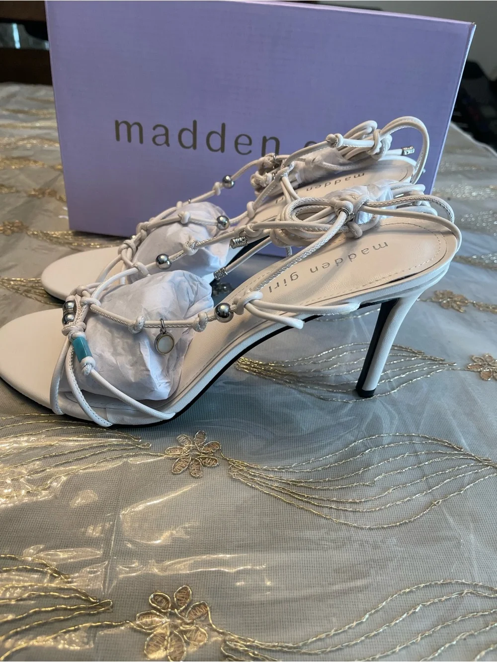 Madden Girl White Lace-Up Stiletto Sandals with Silver Bead Detail